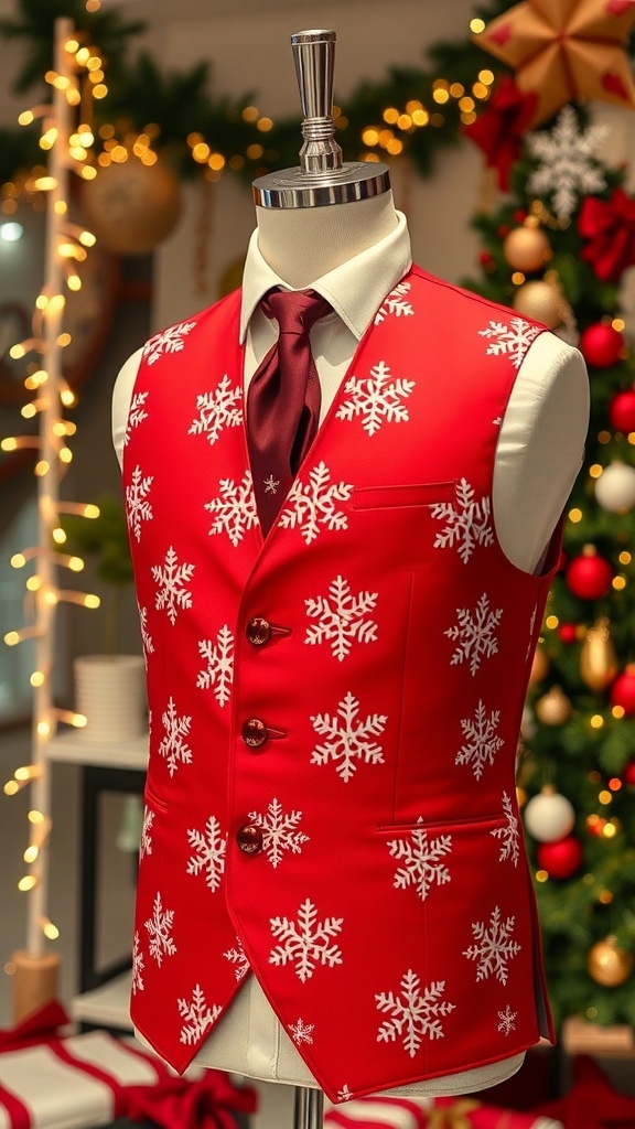 A festive red Christmas vest with snowflake patterns displayed on a mannequin against a holiday-themed background.